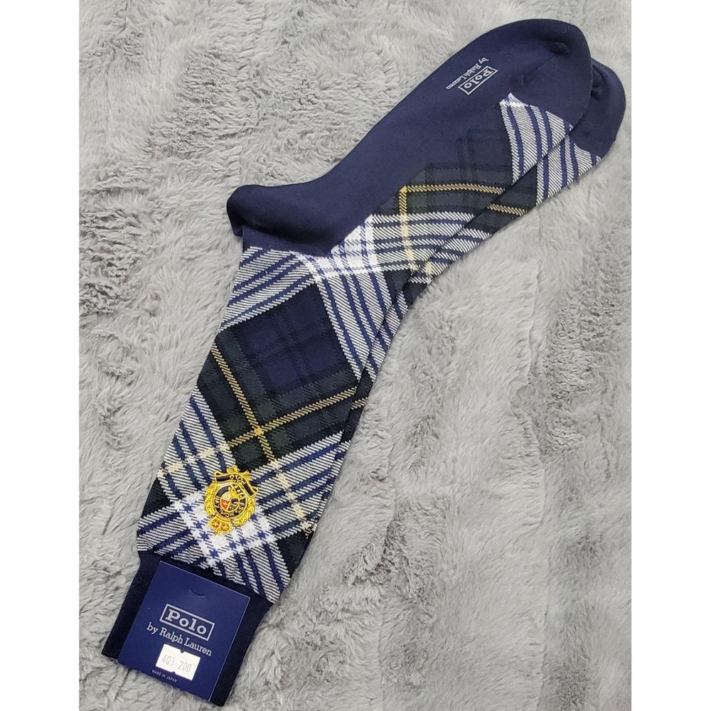 Polo Ralph Lauren Socks Mens 10-13 Navy Tartan Plaid Cookie Crest Embroider Calf